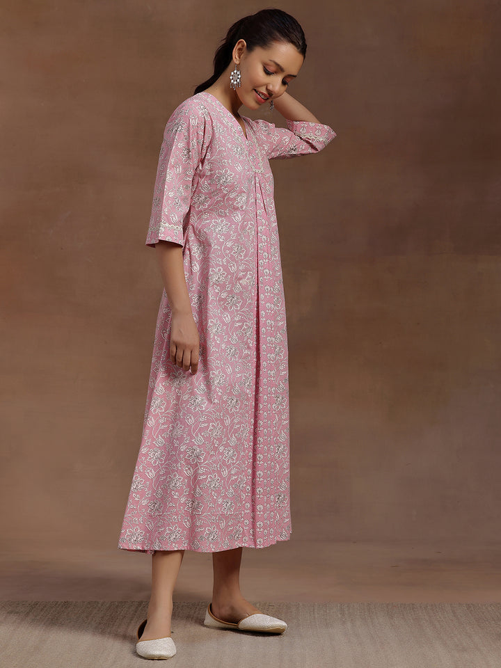 Pink Printed Cotton A-Line Dress