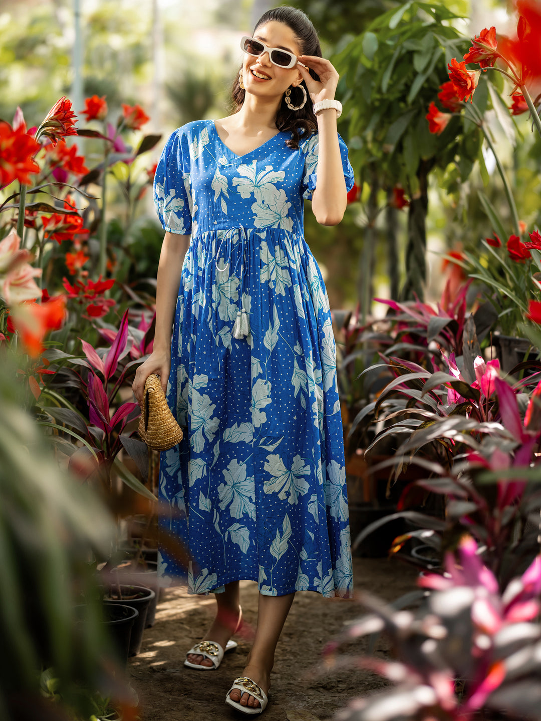 Blue Printed Cotton Fit and Flare Dress