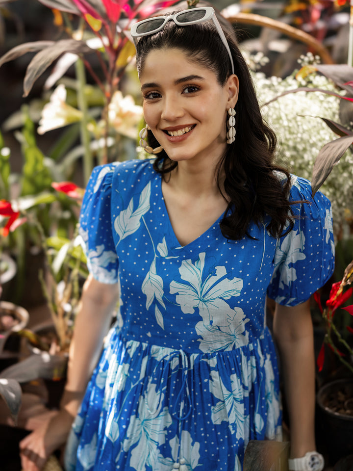 Blue Printed Cotton Fit and Flare Dress