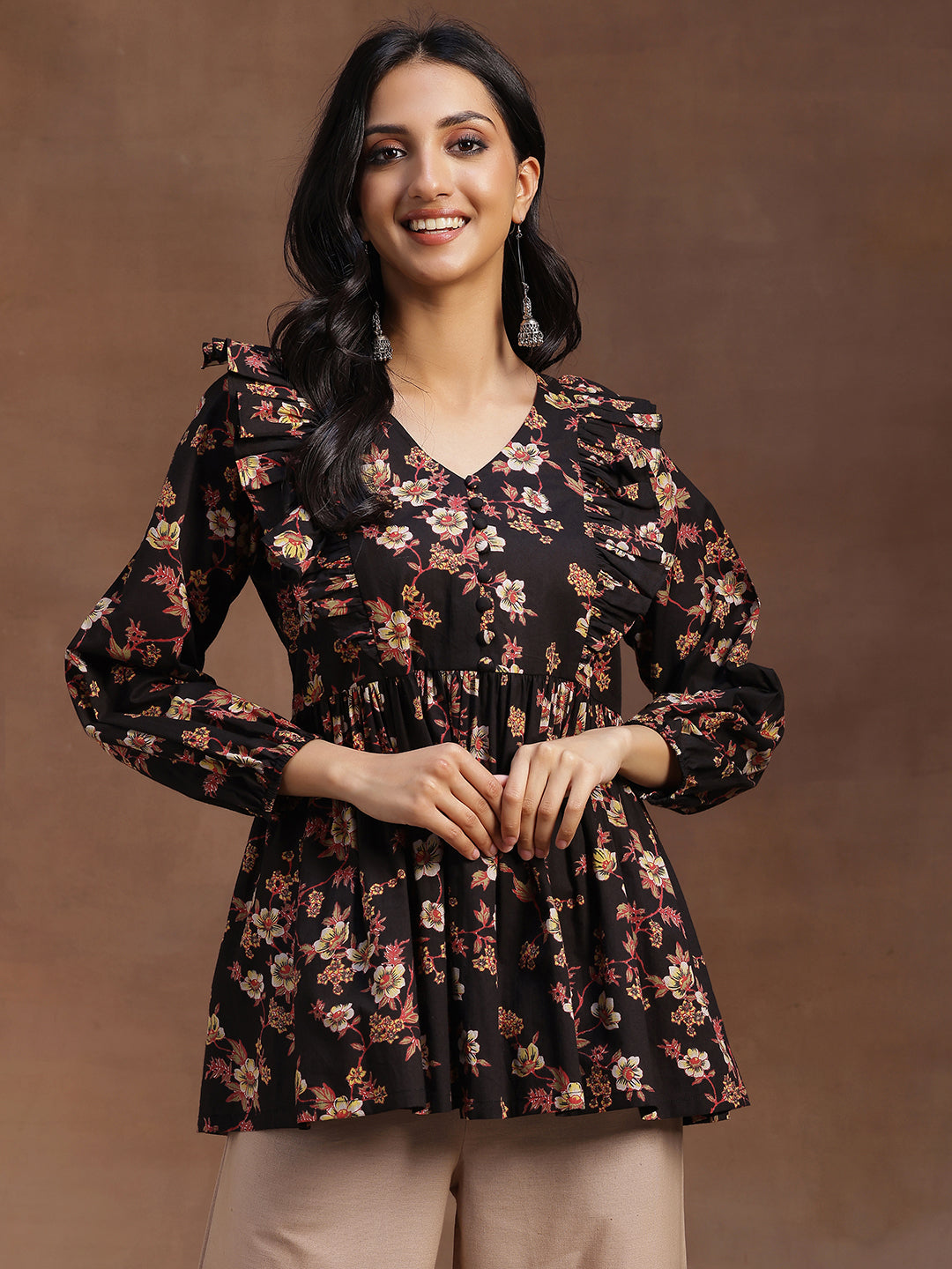 Black Printed Cotton A-line Kurti