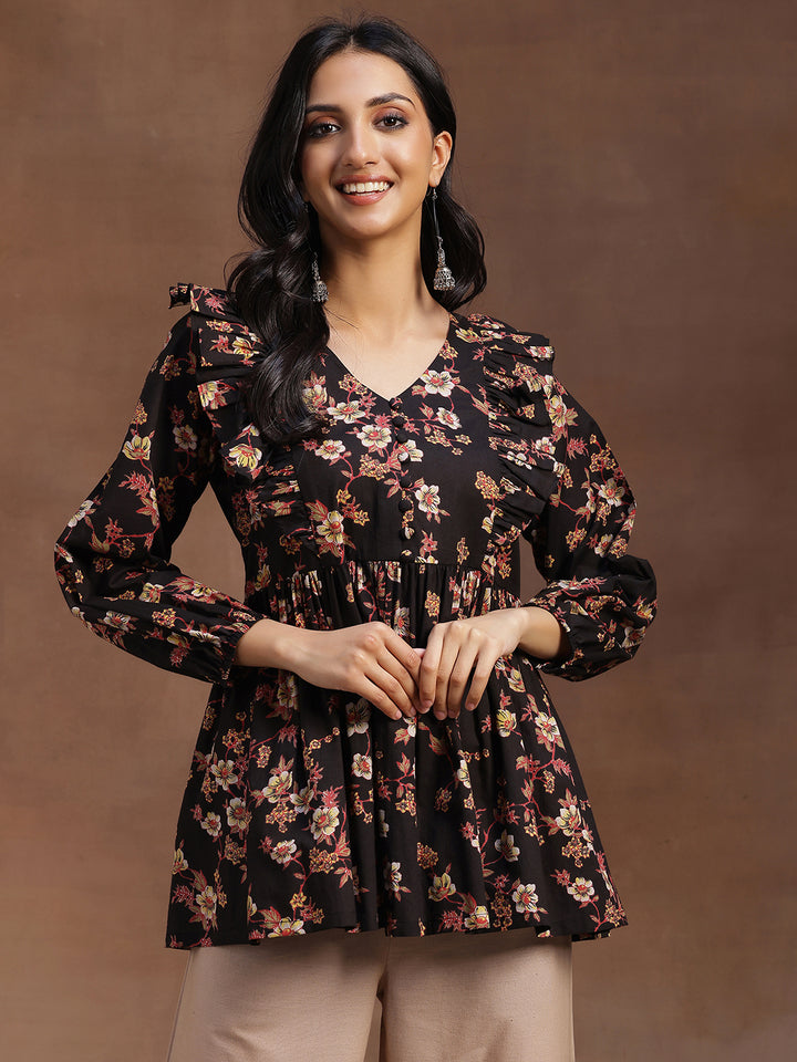 Black Printed Cotton A-line Kurti