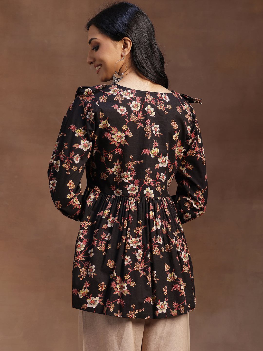 Black Printed Cotton A-line Kurti