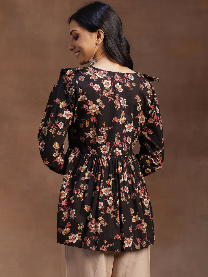 Black Printed Cotton A-line Kurti