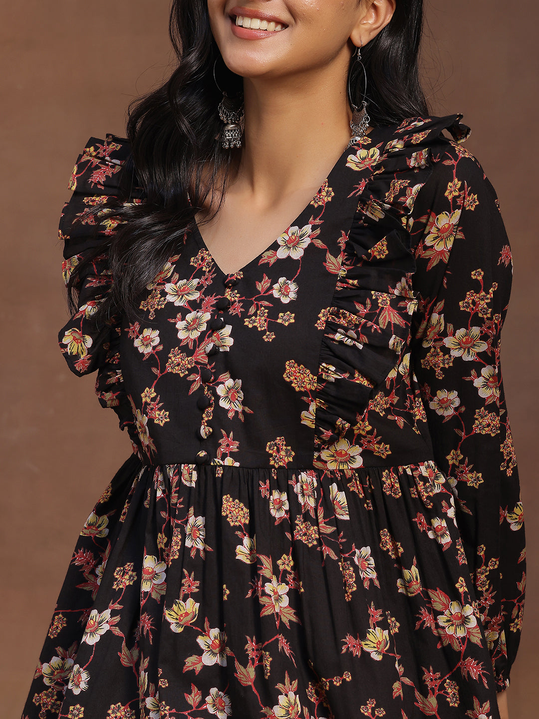 Black Printed Cotton A-line Kurti