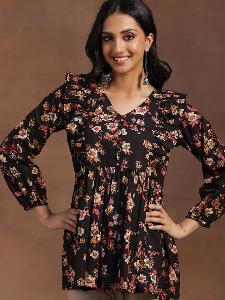 Black Printed Cotton A-line Kurti