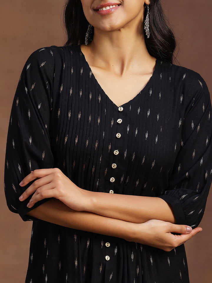 Black Woven Design Cotton Blend A-line Kurti