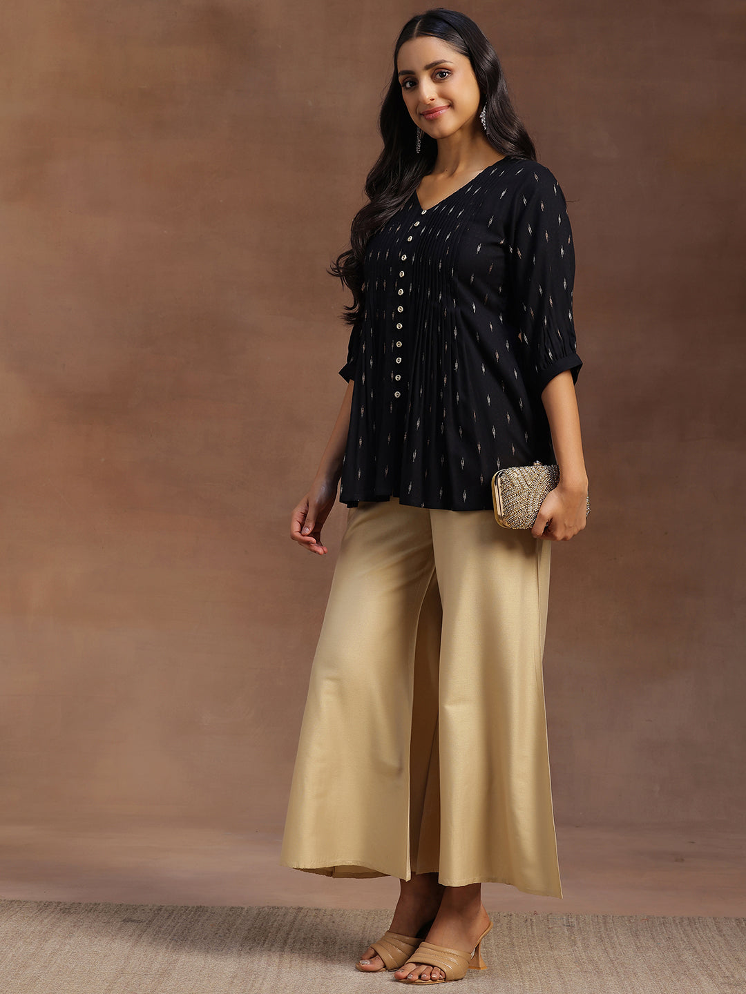 Black Woven Design Cotton Blend A-line Kurti