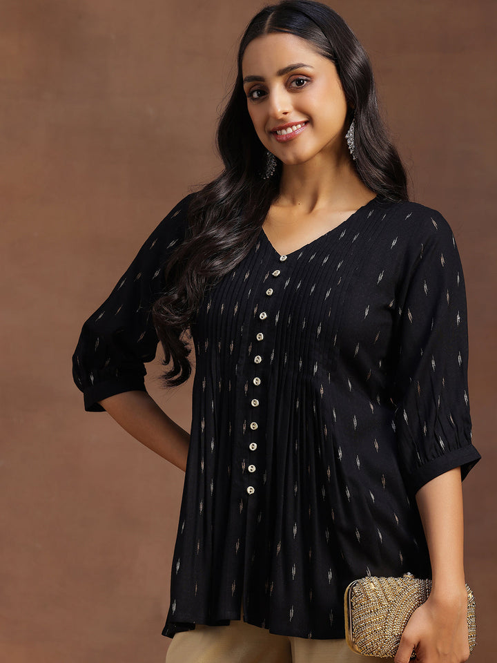 Black Woven Design Cotton Blend A-line Kurti