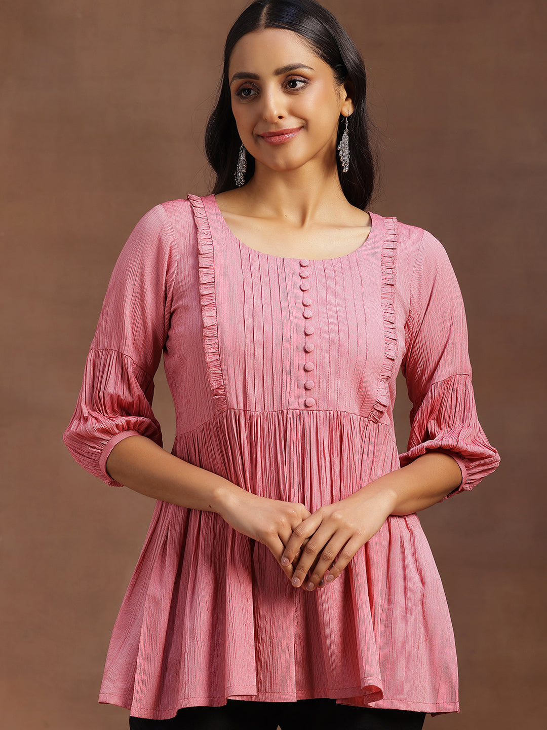 Pink Solid Cotton Blend A-line Kurti