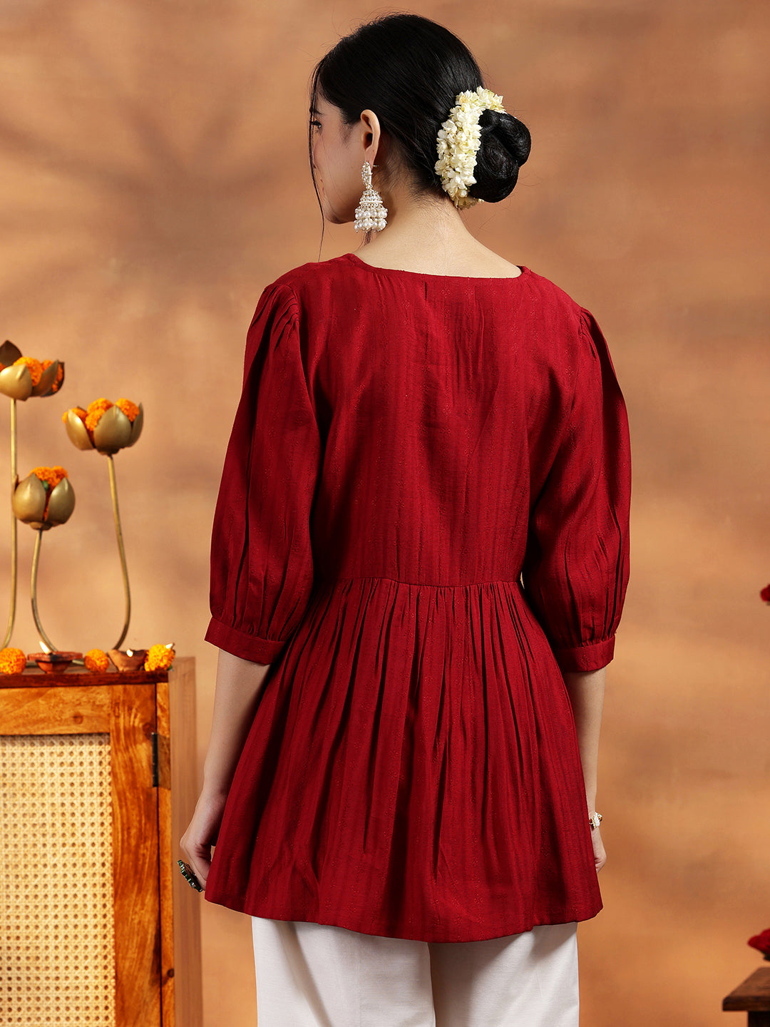 Red Woven Design Silk Blend A-line Kurti