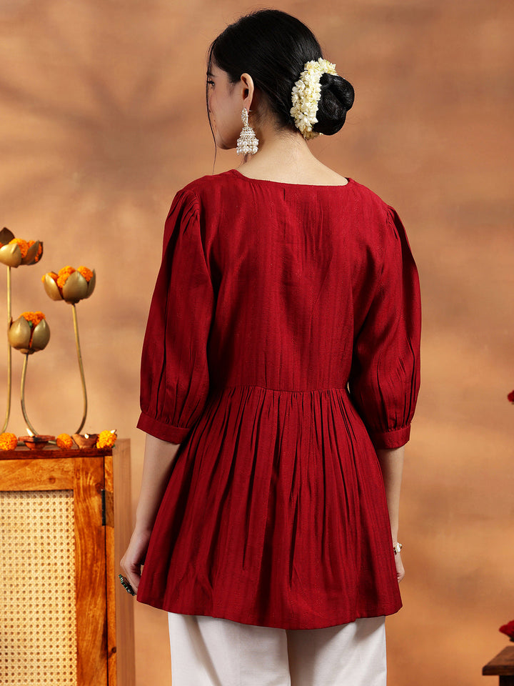Red Woven Design Silk Blend A-line Kurti