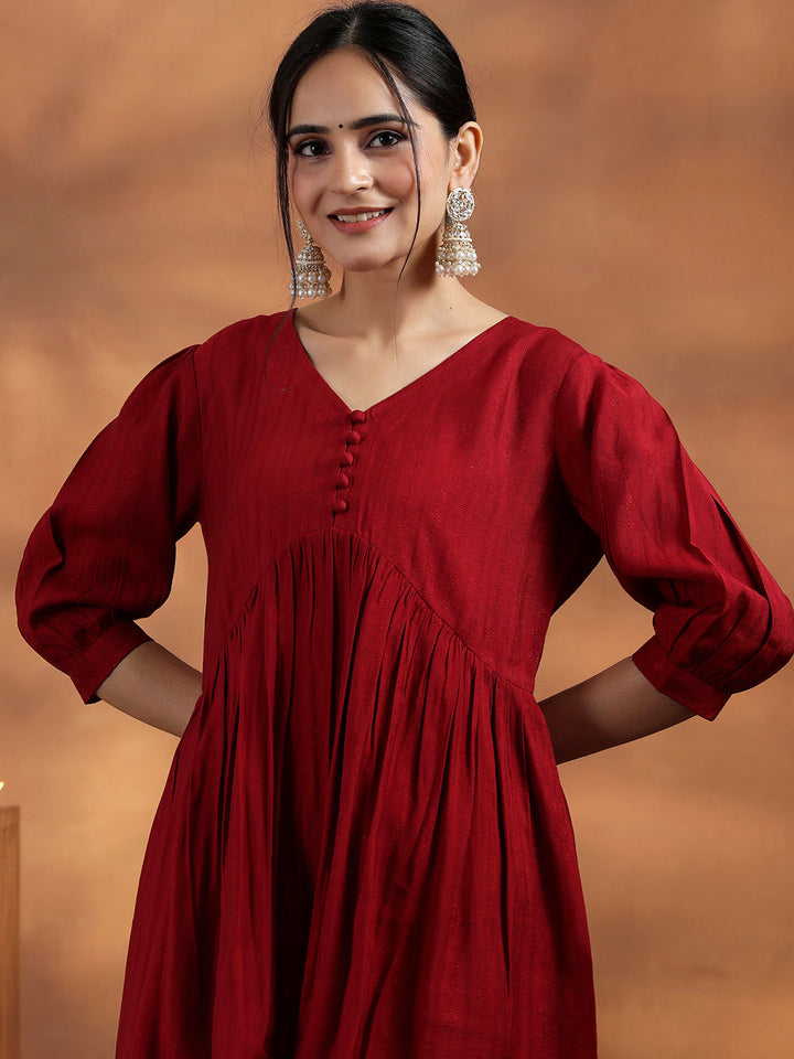 Red Woven Design Silk Blend A-line Kurti