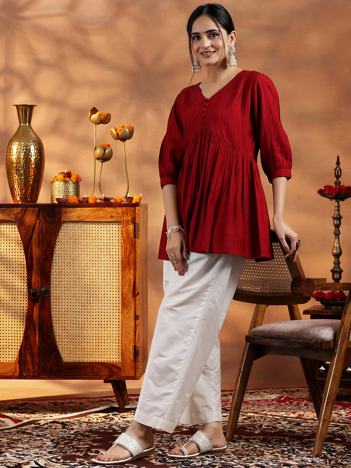 Red Woven Design Silk Blend A-line Kurti