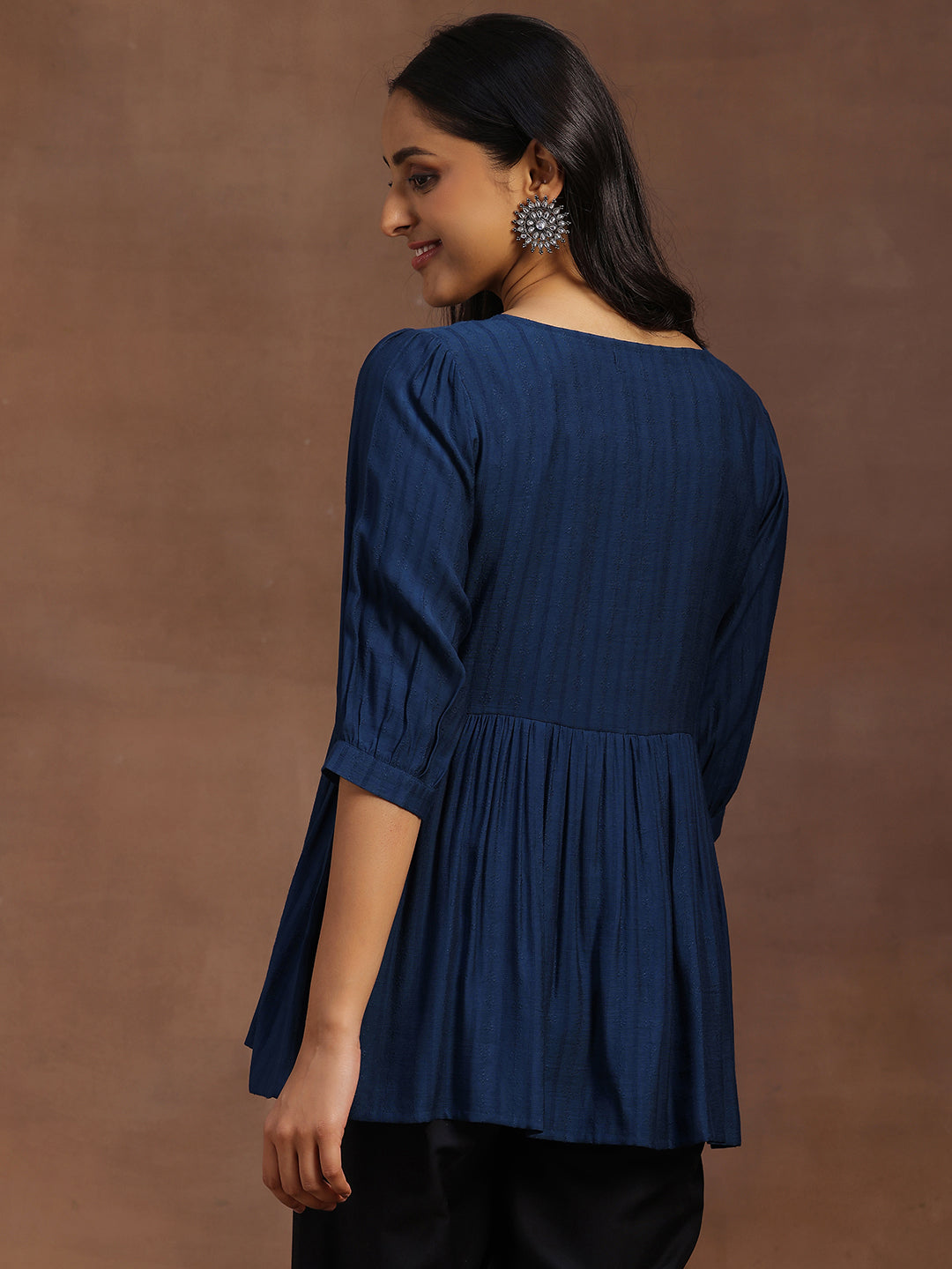 Blue Woven Design Silk Blend A-line Kurti