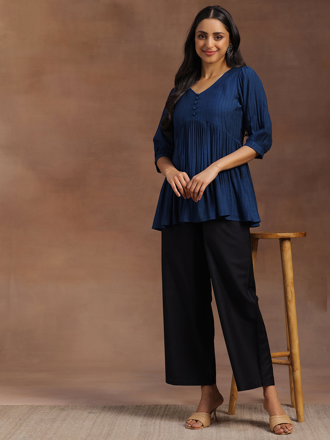 Blue Woven Design Silk Blend A-line Kurti