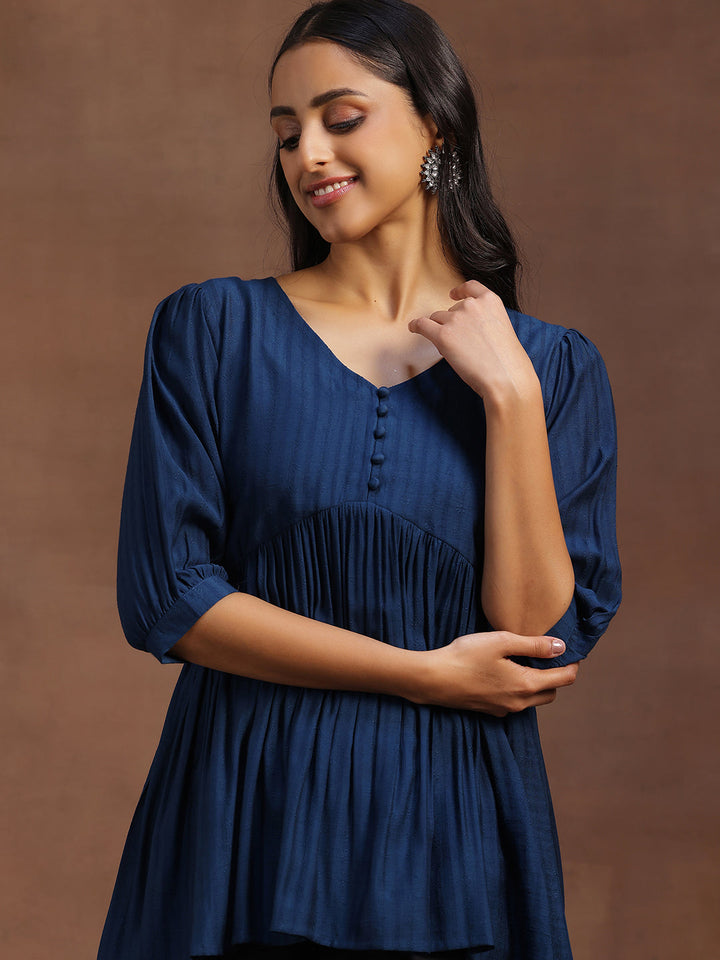 Blue Woven Design Silk Blend A-line Kurti