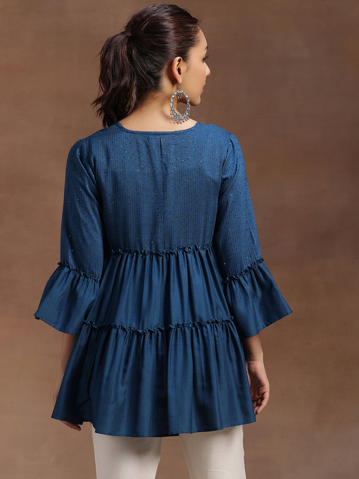 Blue Embellished Silk Blend A-line Kurti