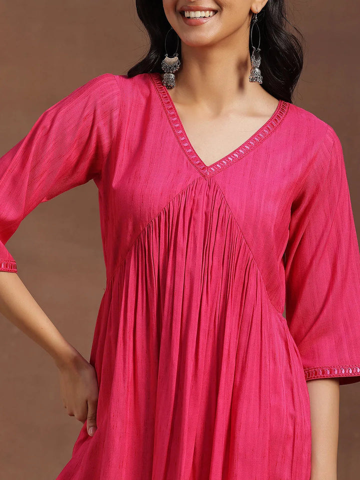 Pink Solid Rayon A-line Kurti