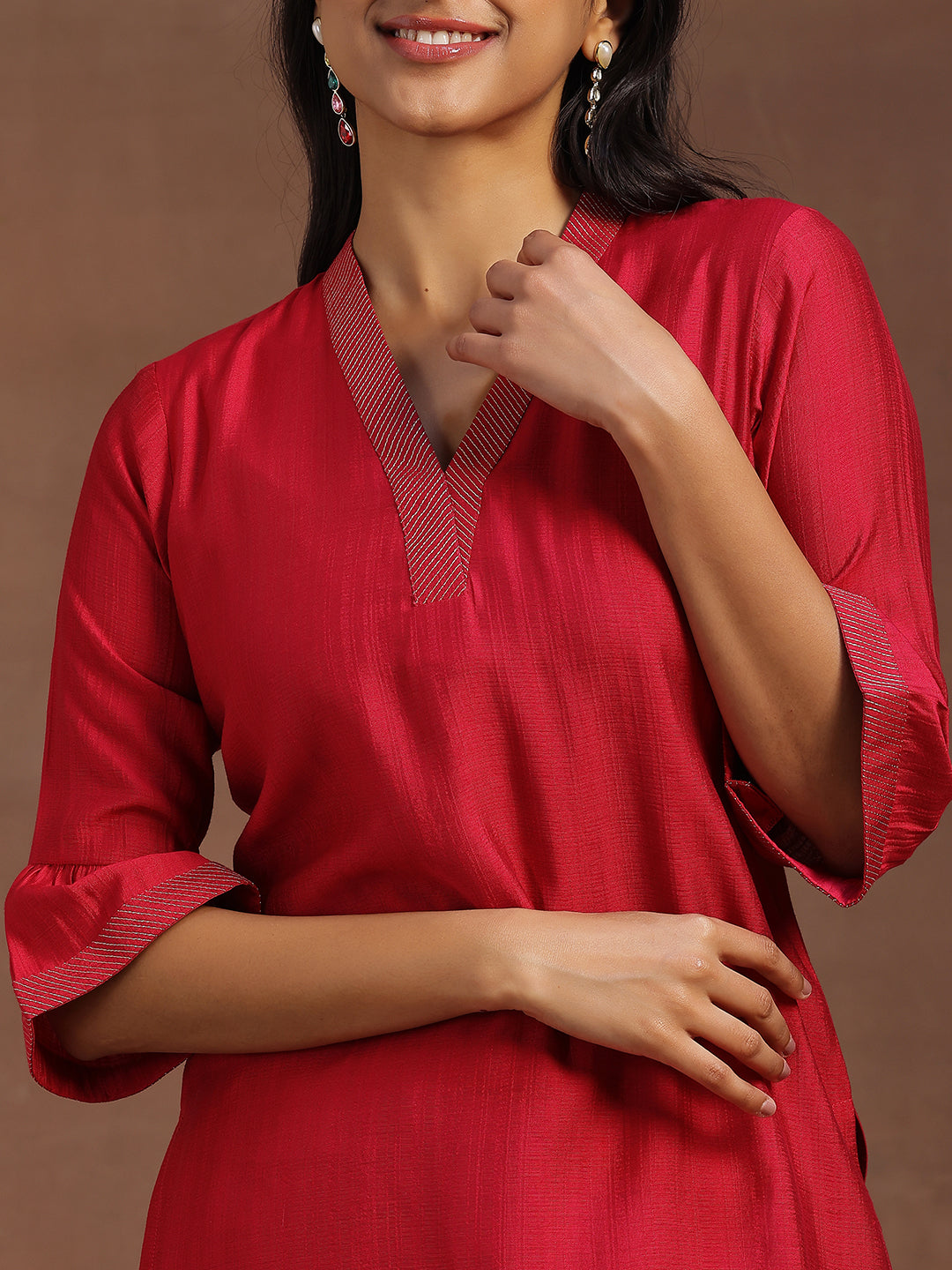 Pink Solid Silk Blend Straight Kurti