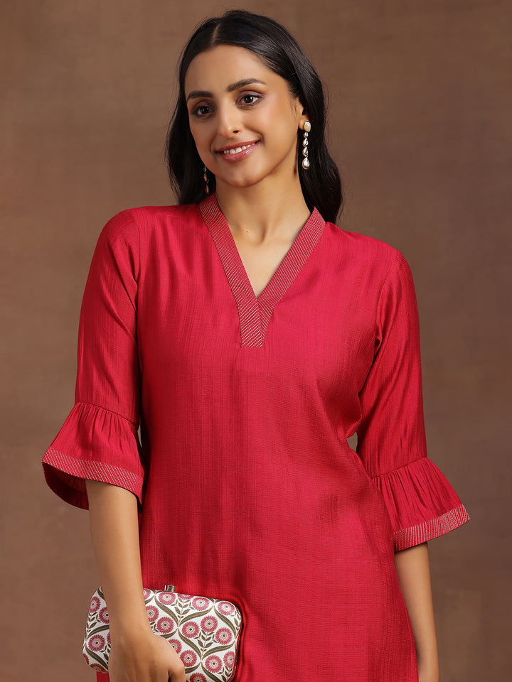 Pink Solid Silk Blend Straight Kurti