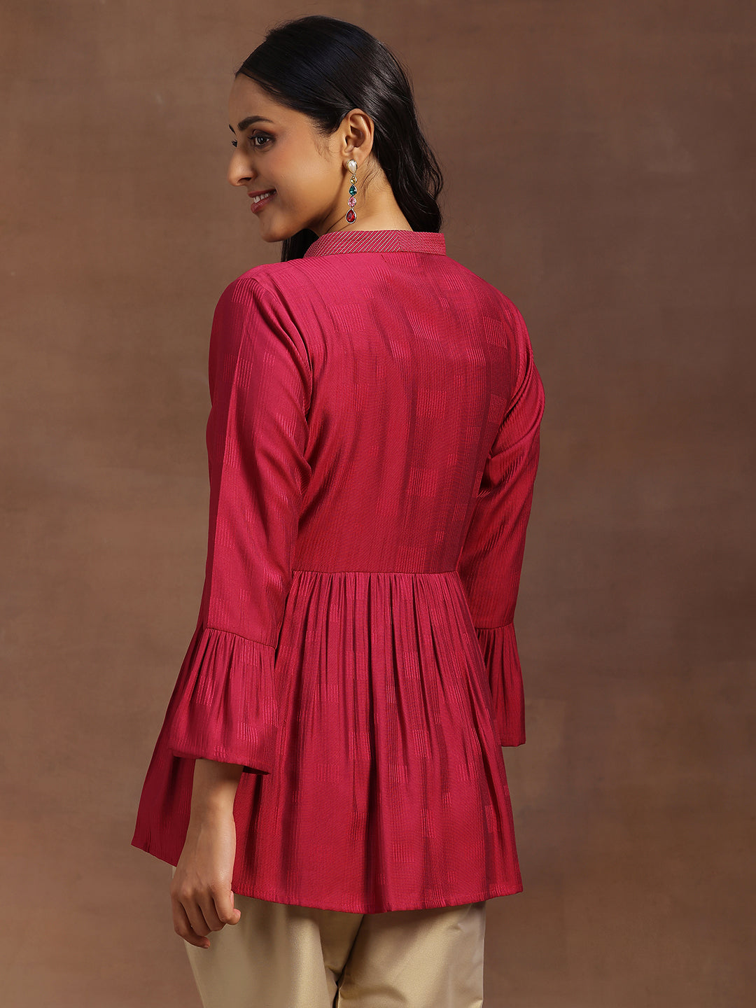 Magenta Woven Design Silk Blend A-line Kurti