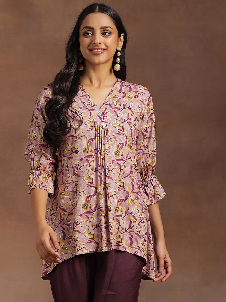 Purple Printed Rayon A-line Kurti