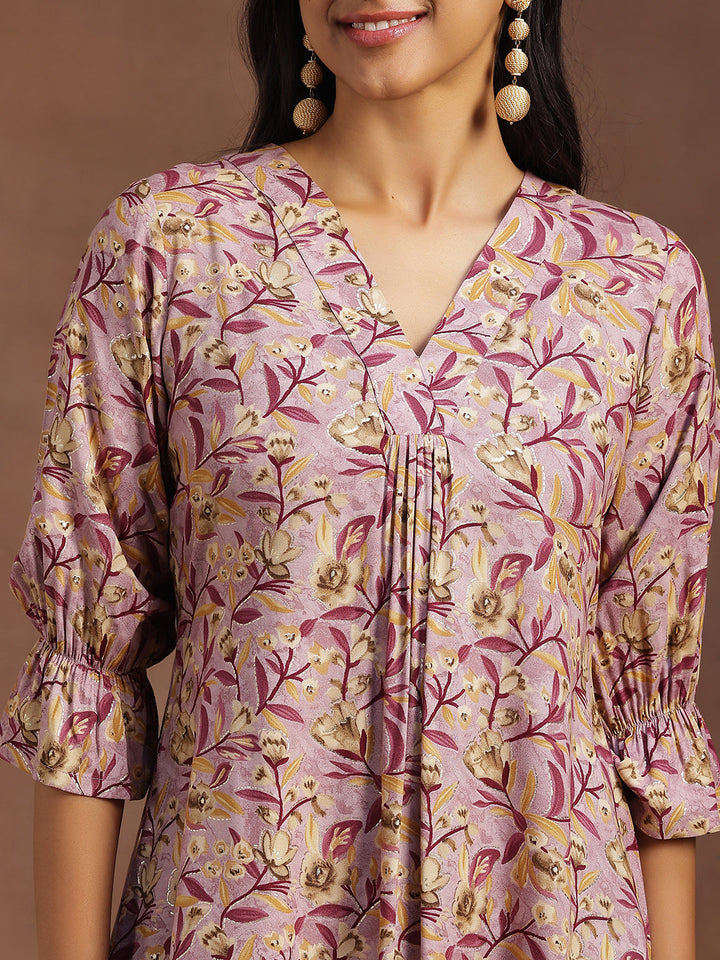 Purple Printed Rayon A-line Kurti
