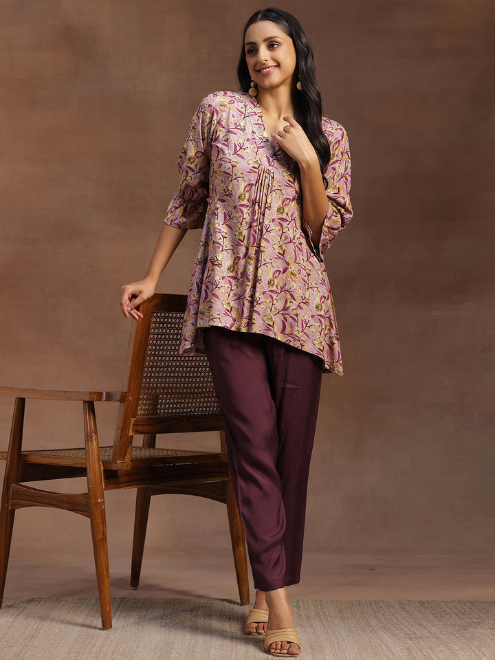 Purple Printed Rayon A-line Kurti