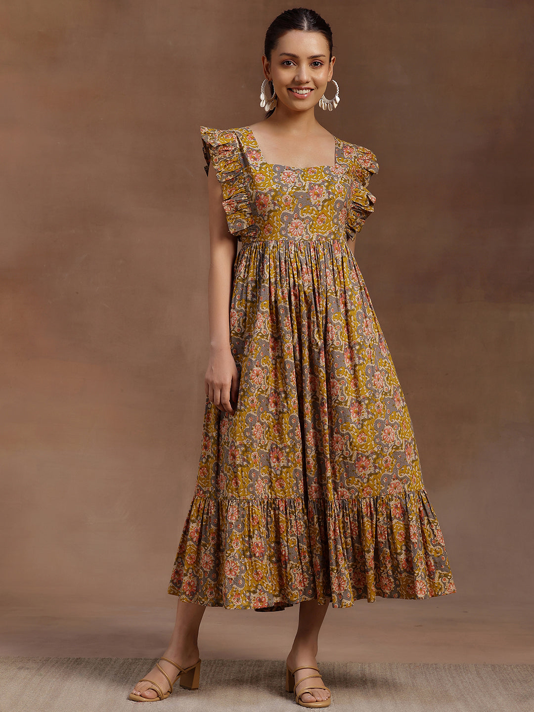 Mustard Printed Cotton Fit and Flare Dress Mustard Printed Cotton Fit and Flare Dress