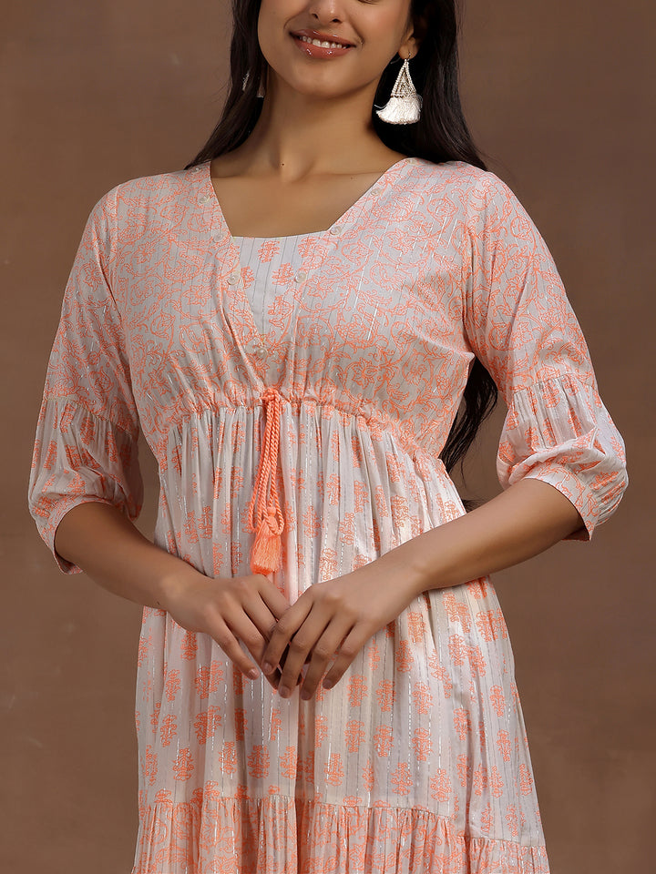 Orange Printed Cotton A-Line Dress