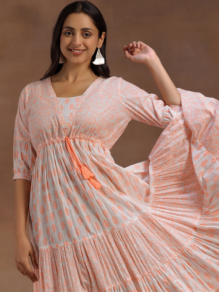 Orange Printed Cotton A-Line Dress