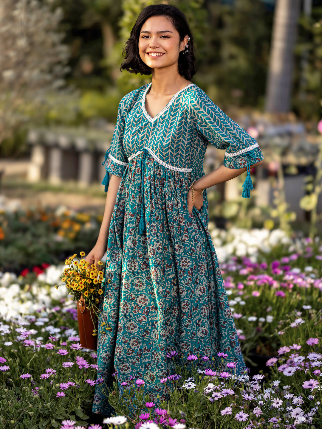 Green Printed Cotton Fit and Flare Dress