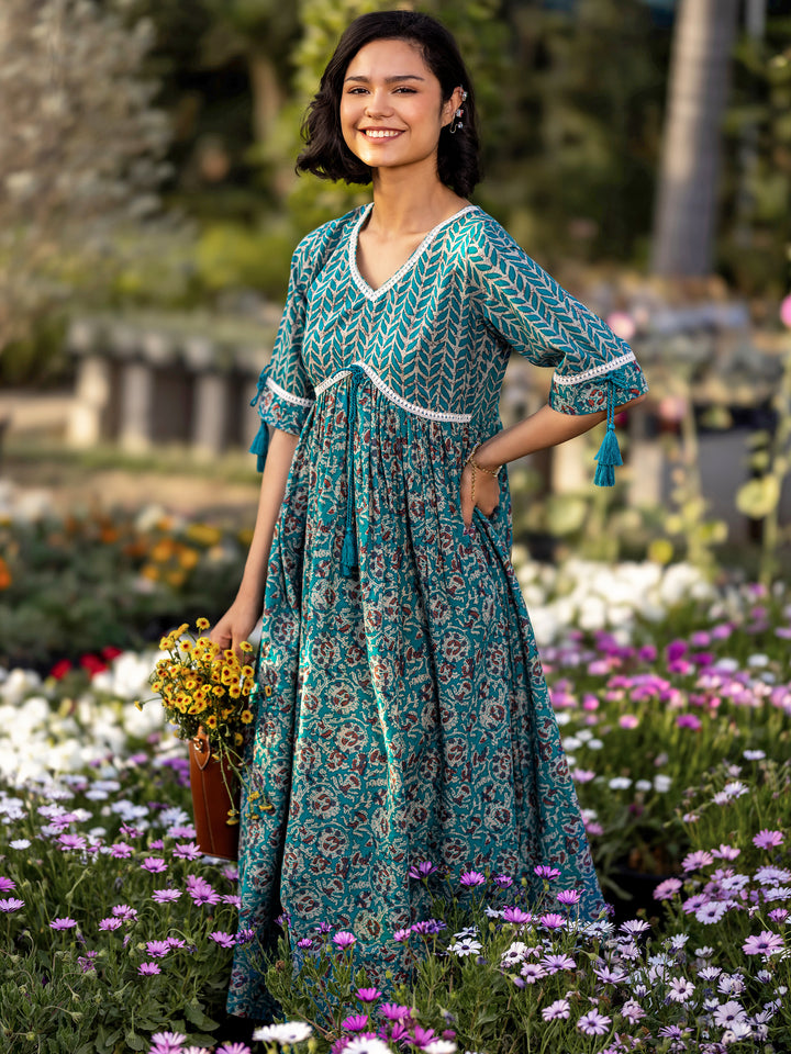 Green Printed Cotton Fit and Flare Dress