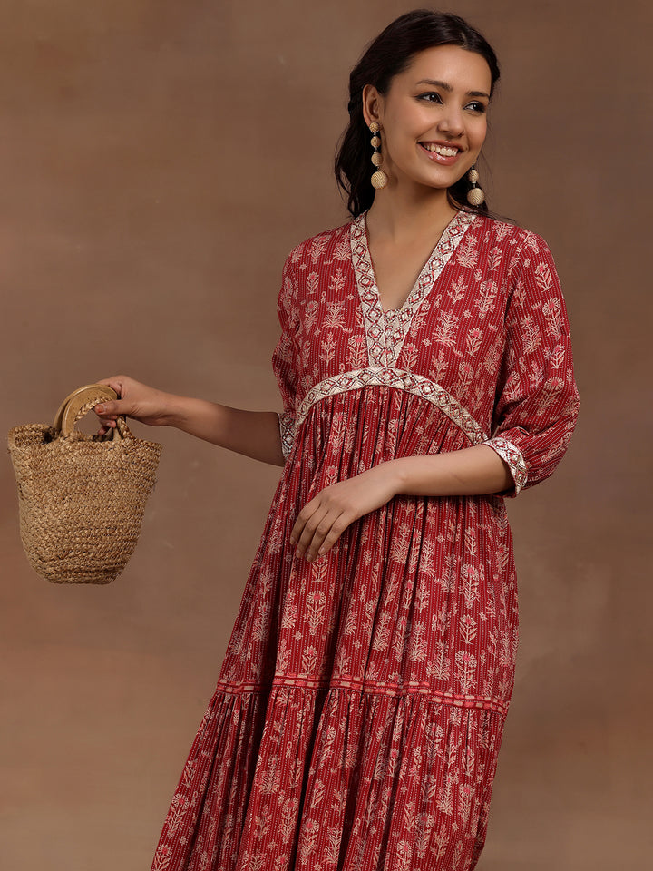 Pink Printed Cotton Fit and Flare Dress