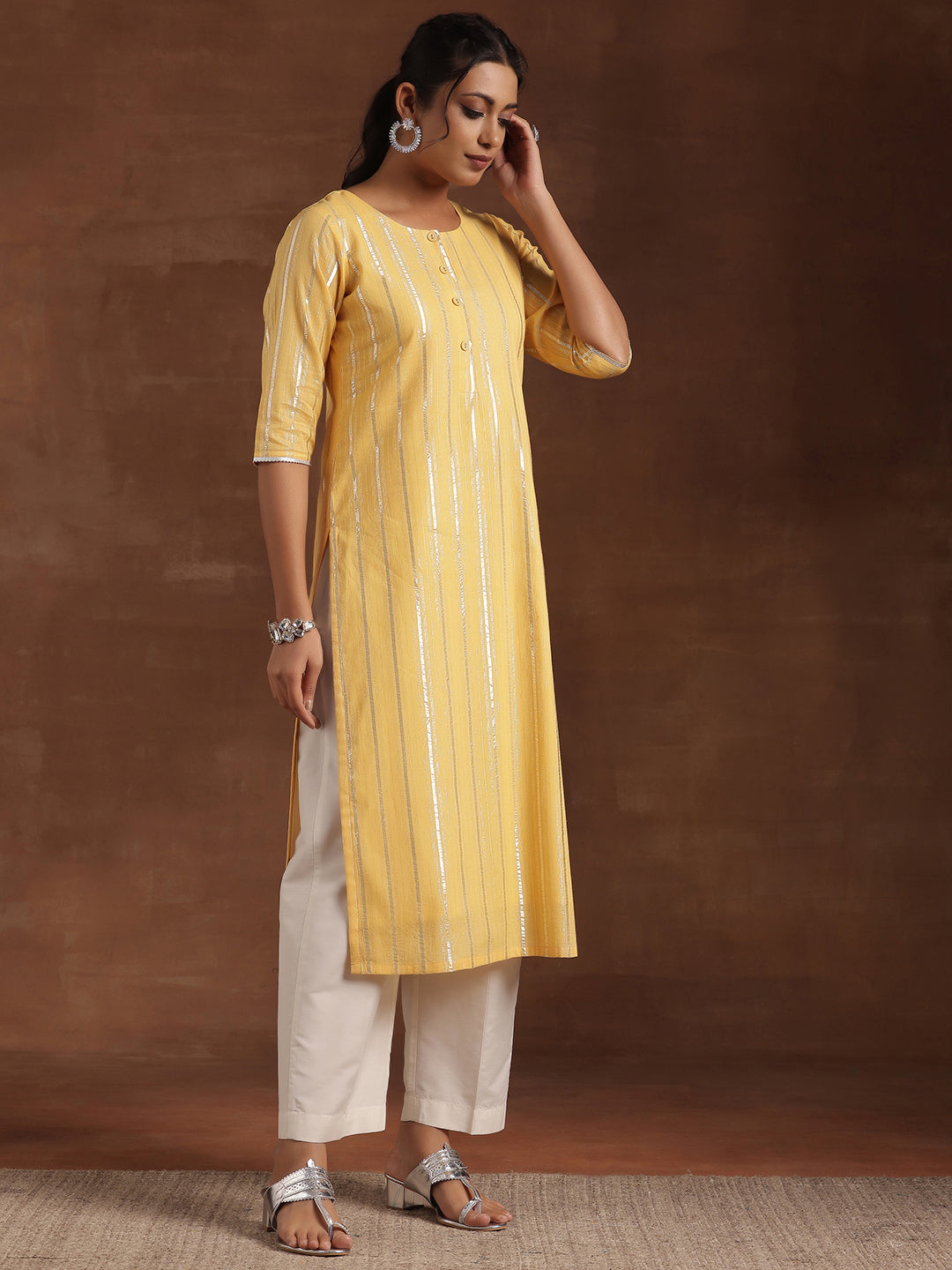 Yellow Woven Design Cotton Straight Kurta
