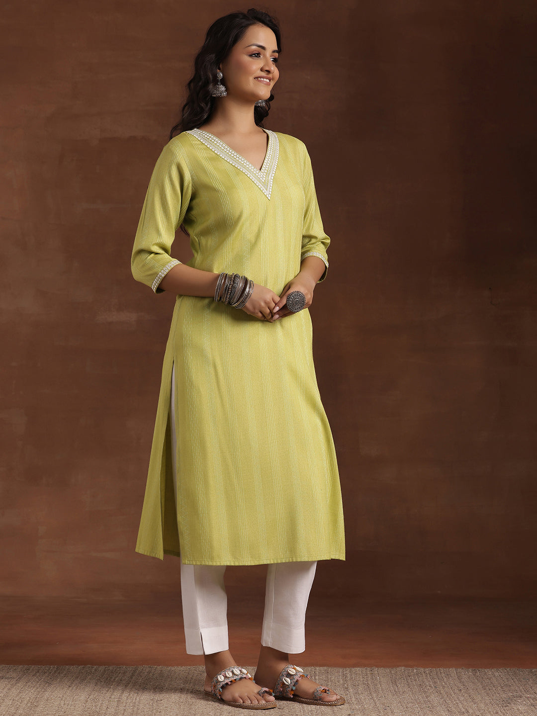 Lime Green Woven Design Cotton Straight Kurta