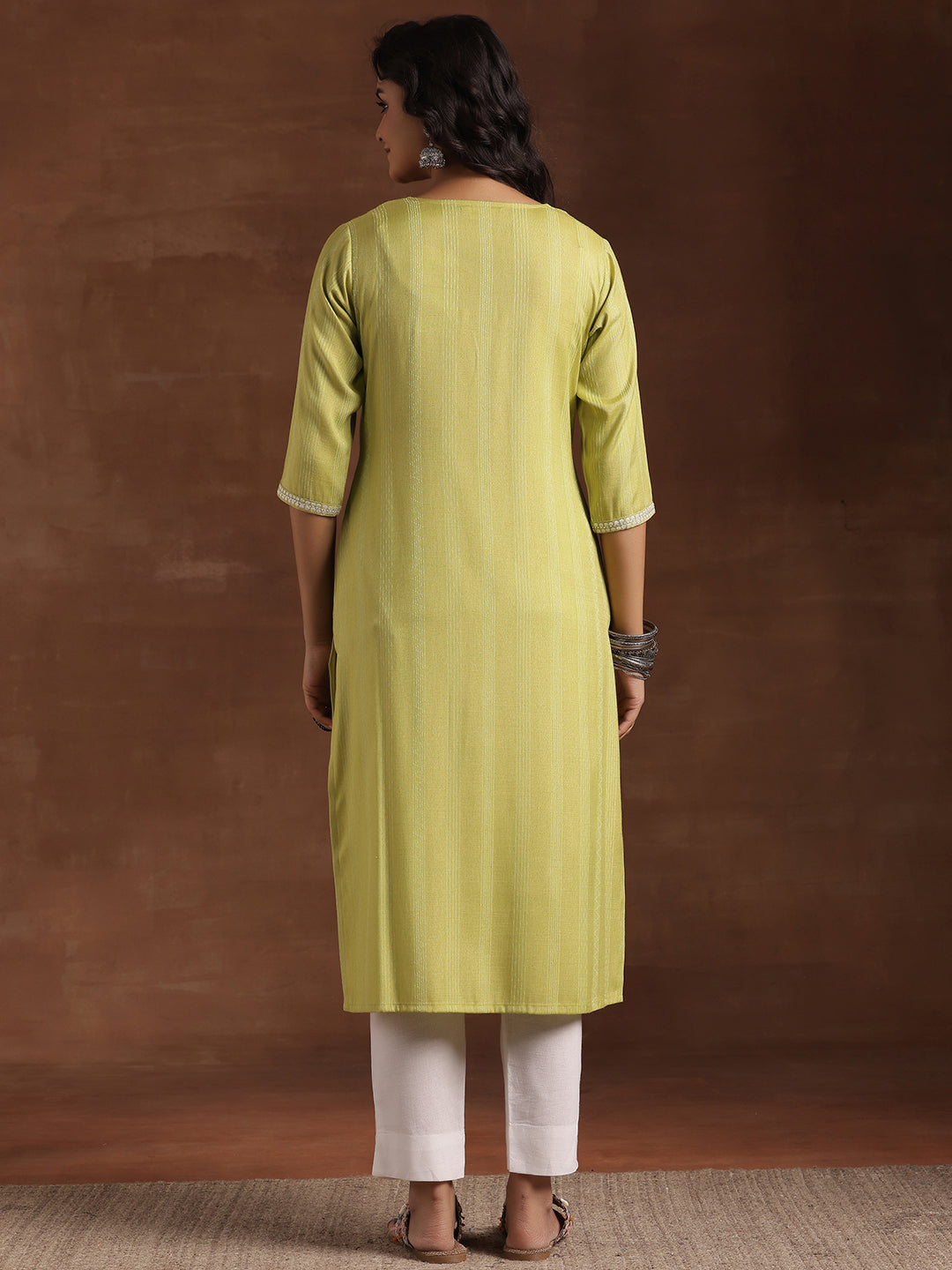 Lime Green Woven Design Cotton Straight Kurta