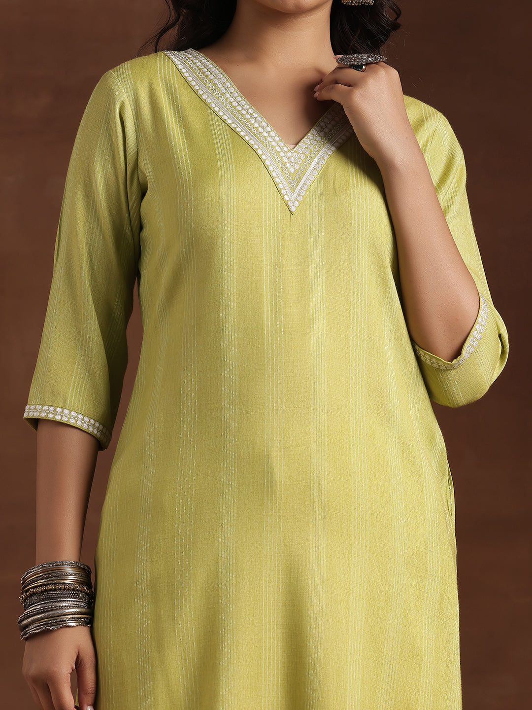 Lime Green Woven Design Cotton Straight Kurta