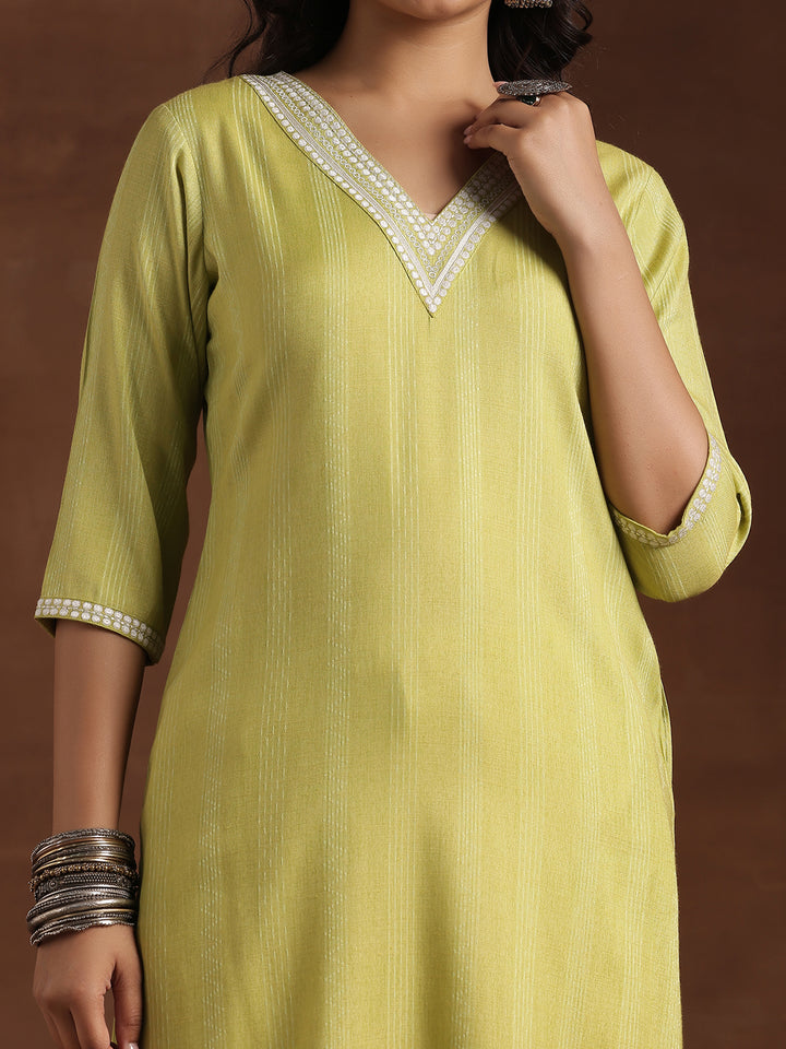Lime Green Woven Design Cotton Straight Kurta