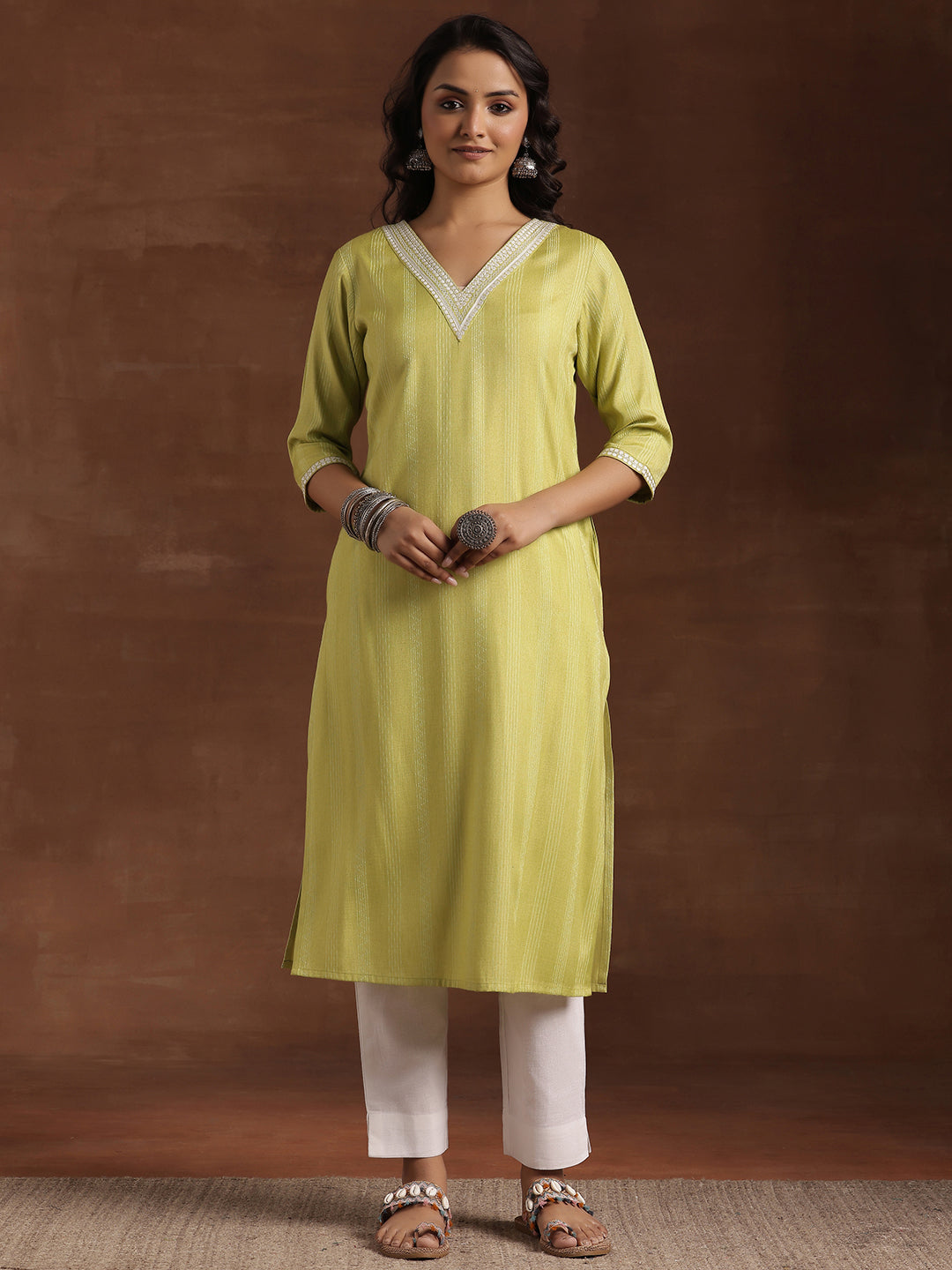 Lime Green Woven Design Cotton Straight Kurta