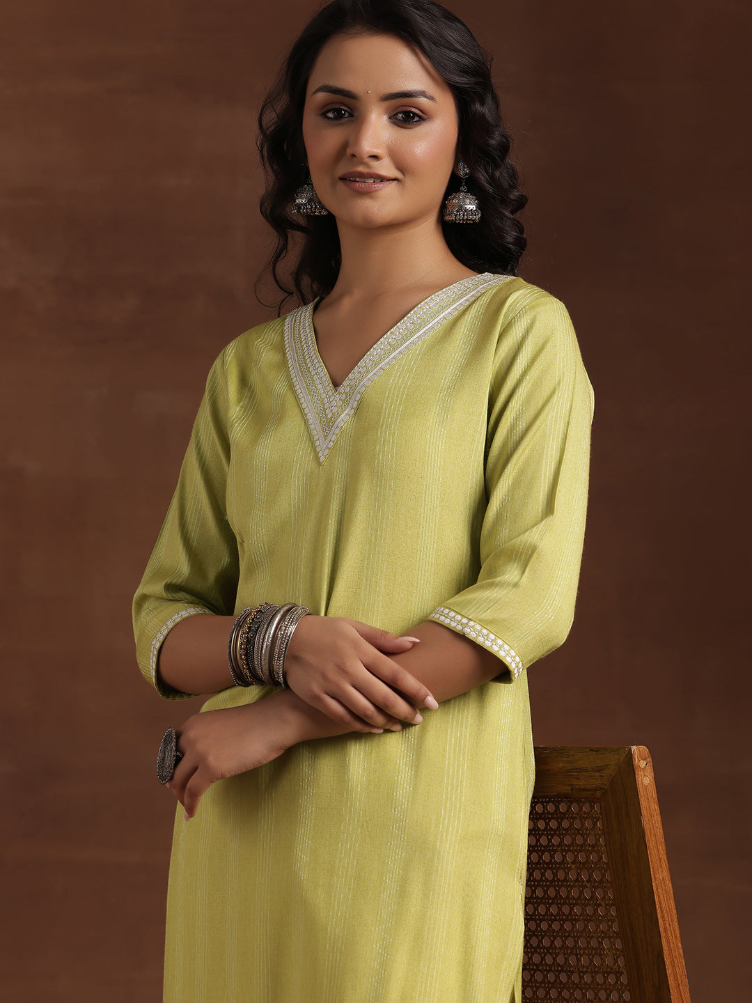 Lime Green Woven Design Cotton Straight Kurta