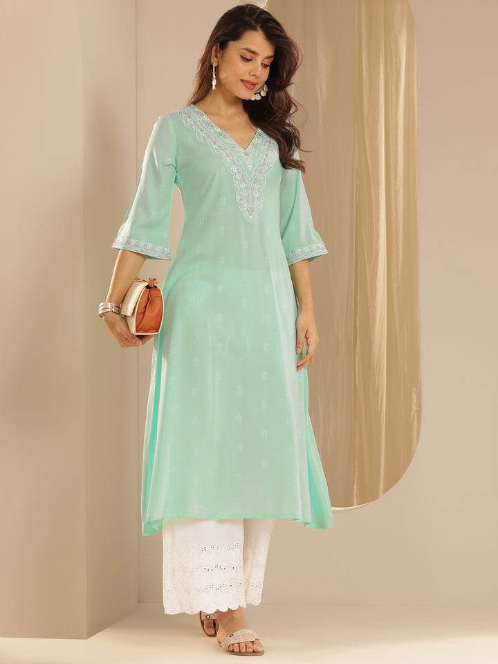 Blue Woven Design Rayon A-Line Kurta