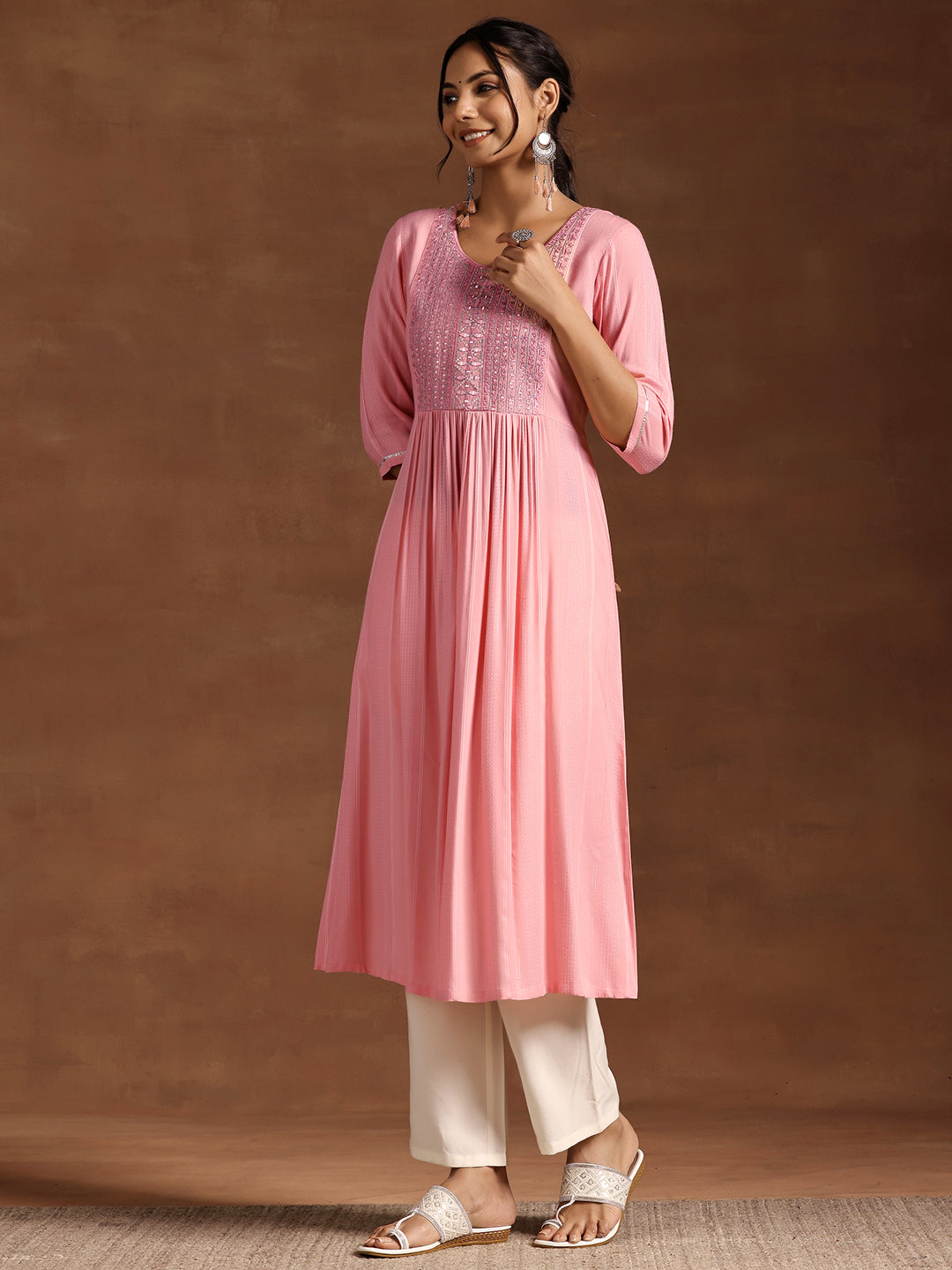 Peach Yoke Design Rayon Anarkali Kurta