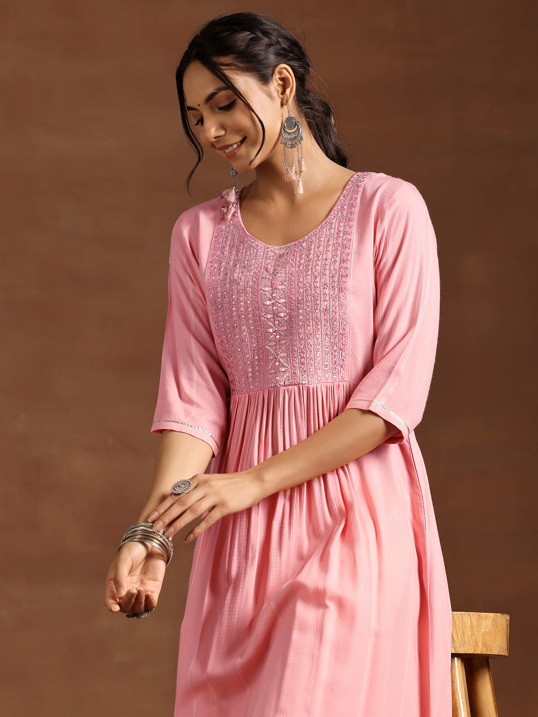 Peach Yoke Design Rayon Anarkali Kurta