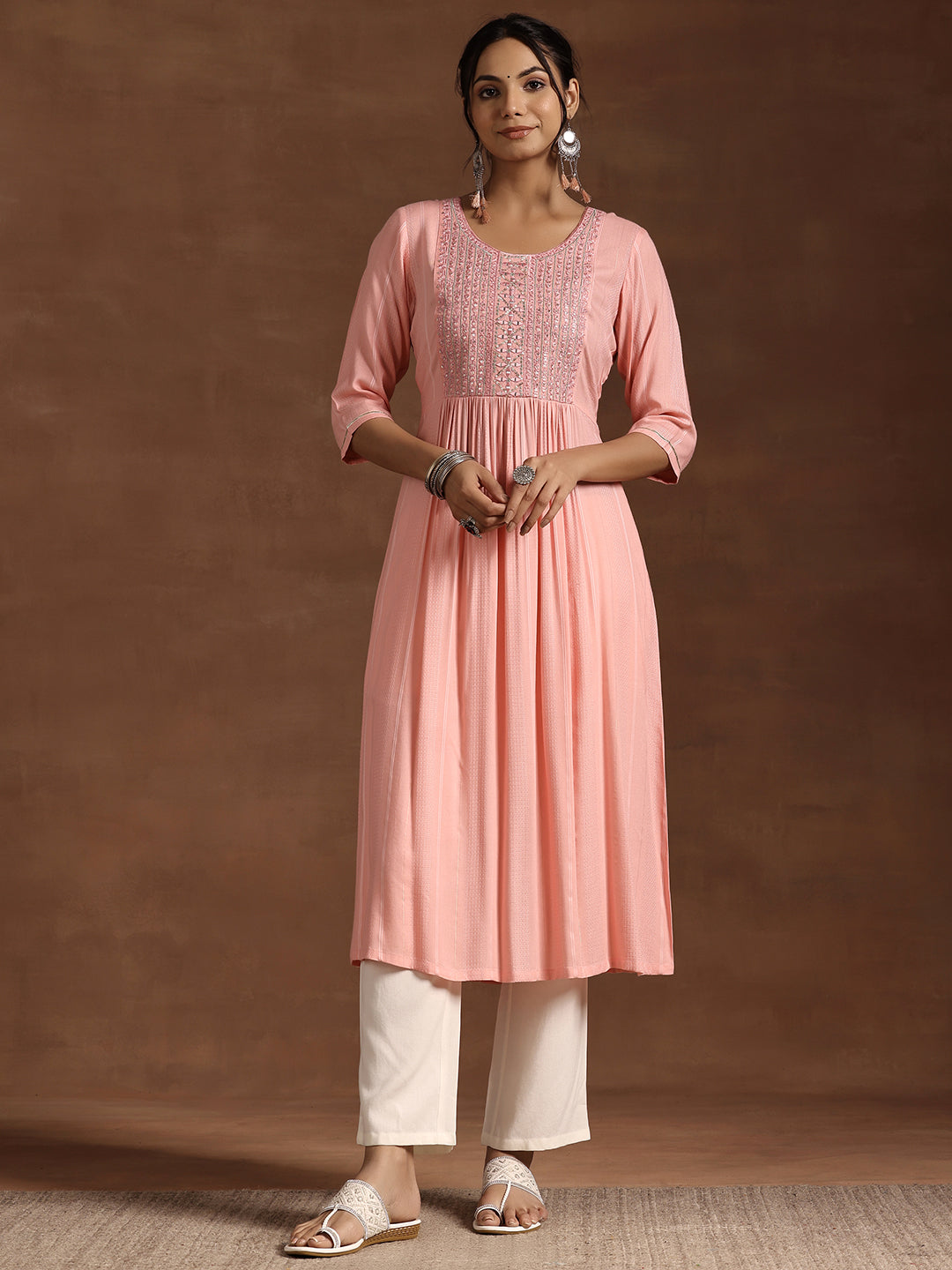 Peach Yoke Design Rayon Anarkali Kurta