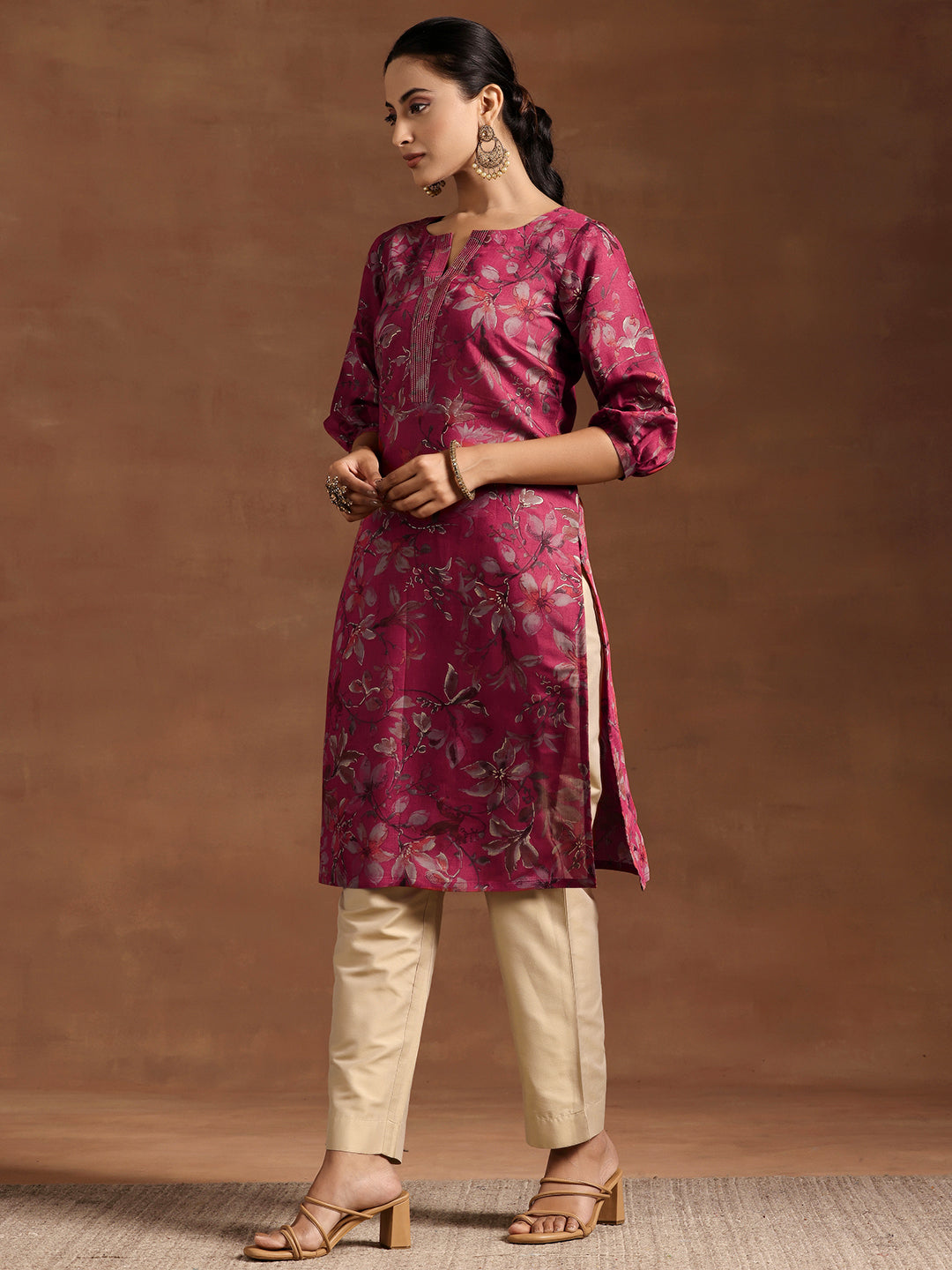 Pink Printed Silk Straight Kurta