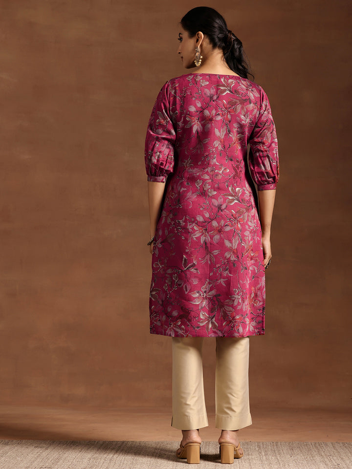 Pink Printed Silk Straight Kurta
