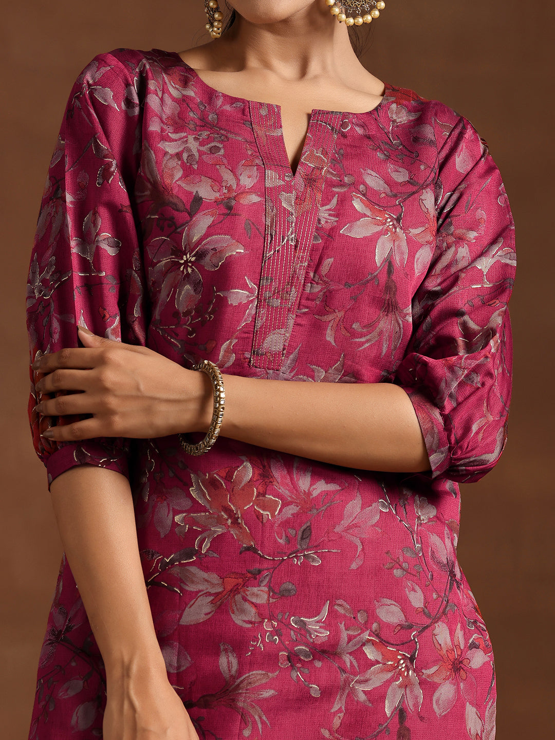Pink Printed Silk Straight Kurta