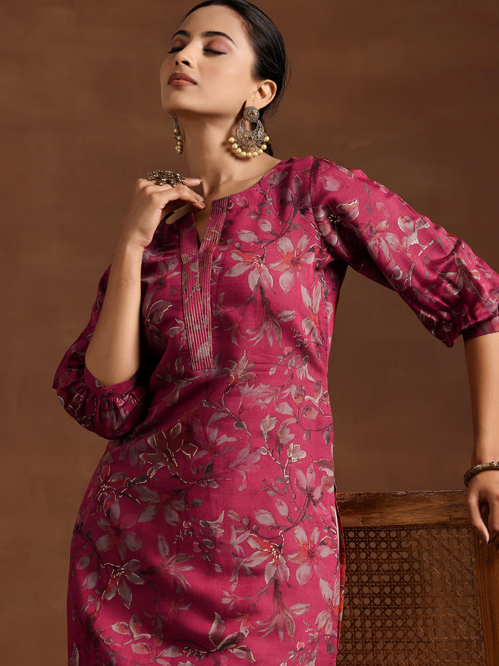 Pink Printed Silk Straight Kurta