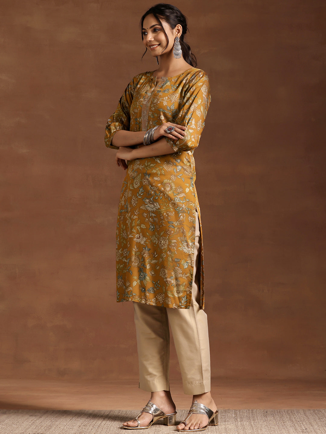 MIMOSA Women's Mustard Yellow Printed Straight Kurta - Round Neck, 3/4 Sleeves, Calf Length - View #7